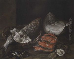 Salmon, Skate, Oysters And Mussels, On A Stone Ledge
