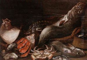 Still Life Of Salt Water Fish In Baskets, Together With A Crab, Oysters And Mussels by Isaac Van Duynen