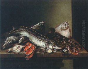 Still Life Of A Lobster, Salmon, Oysters, Mussels And Other Fish On A Tabletop