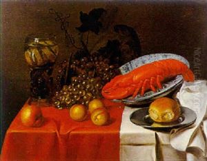 Frutti, U Pane, Un'aragosta, Uve E Un Romer Su Un Tavolo Copertoda Un Drappo Rosso E Bianco