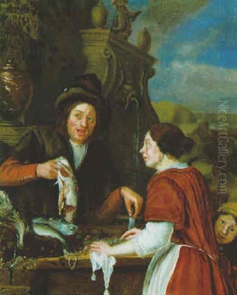 Junge Frau Mit Ihrem Sohn Beim Fischverkaeufer - view 1