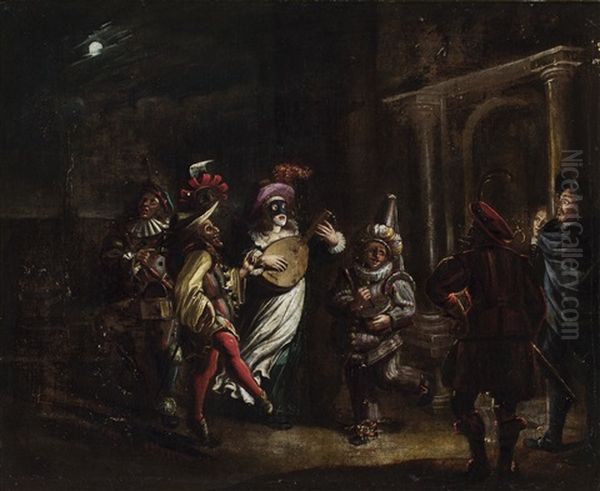 A Theatrical Musical Company Wearing Masks Performing Their Act For Spectators - view 1