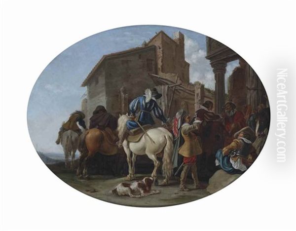 Horseman Drinking In Front Of Ancient Ruins In An Italianate Landscape - view 1