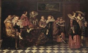 An Elegant Company Making Merry In An Interior With Music Books And A Lute Lying On A Table by Willem Cornelisz Duyster