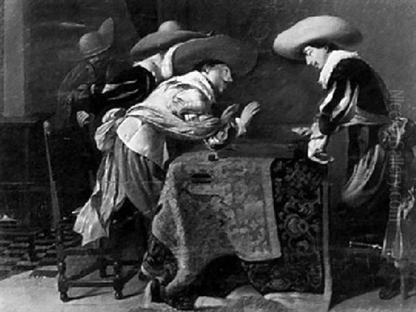 Cavaliers Playing Tric-trac On A Table Covered With A Rug - view 1