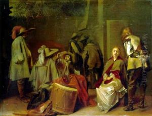 Soldiers Dividing Booty In A Barn With A Captive Elegant Couple