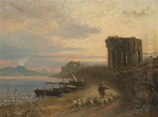 Italian Coastal Scenery With A Shepherd And His Sheep - view 1