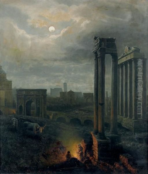 Feu De Camp Au Pied Des Colonnes Du Temple De Saturne Et Celles Du Temple De Vespasien Et De Titus Dans Le Forum Romain - view 1