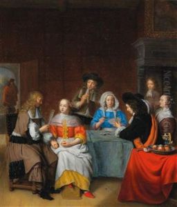 An Interior With An Elegant Company Playing Cards by Abraham Van Dyck