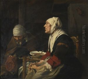 "grace Before Dinner," An Old Couple Seated At A Table by Abraham Van Dyck