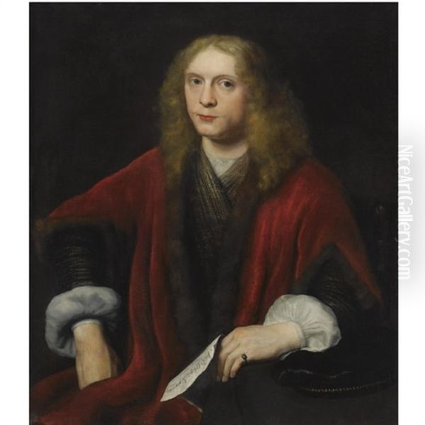 Portrait Of A Gentleman, Probably Johannes Van Zell, Seated, Wearing A Gold Embroidered Waistcoat And A Crimson Fur-trimmed Coat, Holding A Letter - view 1