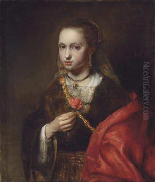 Portrait Of A Lady In A Black Dress And Red Shawl, Holding A Flower - view 1