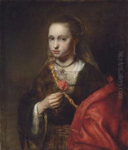 Portrait Of A Lady In A Black Dress And Red Shawl, Holding A Flower by Abraham Van Dyck