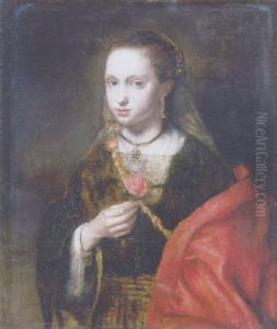 A Young Woman In A Brown Dress With A Red Mantle, A Rose In Her Right Hand