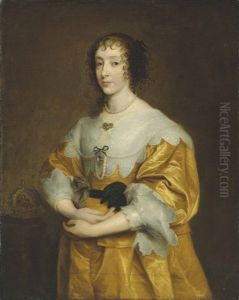 Portrait Of Queen Henrietta Maria (1609-1669), Three-quarter-length, In A Gold Satin Dress And Lace Collar And Cuffs by Sir Anthony Van Dyck
