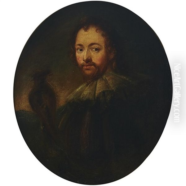 Portrait Of A Gentleman Half-length, To The Left Wearing A Black Cloak With Lace Ruff, Holding A Falcon At His Left, In A Landscape At Dusk - view 1