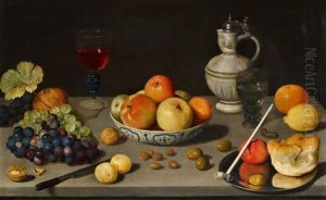 Still Life With Grapes, Apples, Nuts, Olives, Wine Glasses, And A Siegburg Pitcher