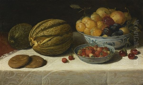 Still Life With Melons, Plums, Cherries, And Bread On A Table Draped With A White Damask Tablecloth - view 1
