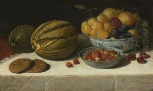 Still Life With Melons, Plums, Cherries, And Bread On A Table Draped With A White Damask Tablecloth by Floris Claesz van Dyck