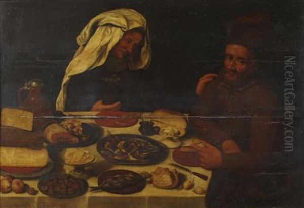 A Still Life Of A Man And Woman Seated At A Food Laden Table - view 1