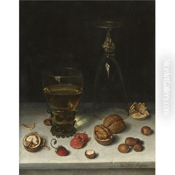 Still Life Of Walnuts, Hazelnuts, Strawberries, A Roemer And An Overturned Wine Glass, All Resting On A Table - view 1