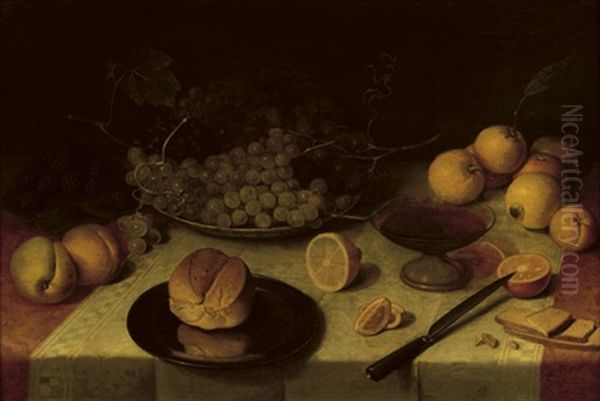A Bun On A Silver Plate, Peaches, Blackberries, Black And White Grapes In A Porcelain Bowl, Oranges, A Glass Of Red Wine, A Knife And Slices Of Bread On A Draped Table - view 1