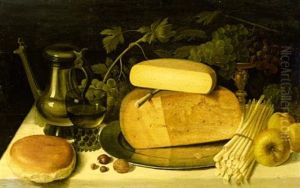 Still Life With Cheeses On A Pewter Plate Together With Asparagus, Nuts, Apples, Grapes, A Bun, A Roemer And A Tankard by Floris Claesz van Dyck