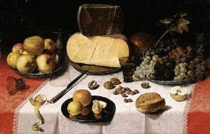 An Uitgestald Still Life Of Pears, Apples, Grapes And Other Fruits And Objects, On A Table Draped With A Red Damask Cloth by Floris Claesz van Dyck