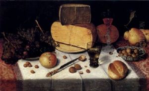 An Uitgestald Still Life Of Grapes And Cheese On Pewter Plates, A Roemer, A Wineglass, Pears, Olives In A Porcelain Bowl, A Bread Roll, On A Table Draped With A Red Damask Cloth And White Lace-trimmed by Floris Claesz van Dyck