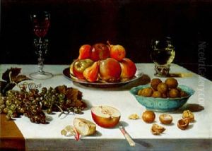 Nature Morte A La Coupe De Fruits, Assiette De Noix Et Verres Disposes Sur Un Entablement by Floris Claesz van Dyck