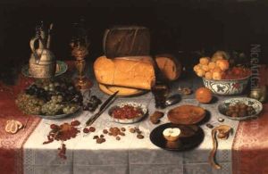 Uitgestald Still Life Of Fruit And Olives In Bowls With Cheese On A Table by Floris Claesz van Dyck