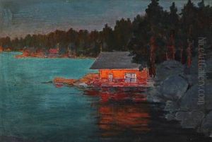 Bathing House At A Forest Lake In The Evening Sun