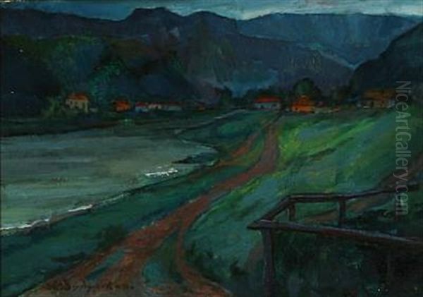 Mountain Landscape With A Town At A River - view 1