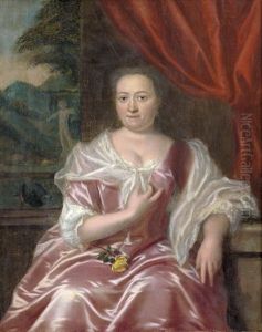 Bildnis Einer Dame In Rosafarbenem Seidenkleid Vor Einer Landschaft by Philip van Dyk