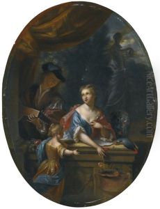 A Lady And A Child By A Balustrade Accompanied By A Man Playing A Lute, With A Parrot by Philip van Dyk