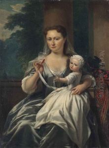 Portrait Of A Lady And Her Child, Three-quarter-length, In A Grey Dress, A Landscape Beyond by Philip van Dyk