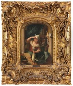 Jeune Fille A Sa Fenetre Tenant Un Coq by Philip van Dyk