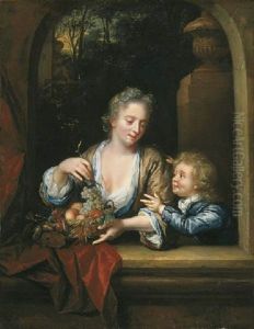 A Mother And Child With A Basket Of Fruit At A Casement A Mother And Child With A Basket Of Fruit At A Casement