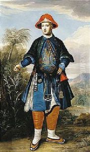 Portrait Of A Member Of The Hoste Or Henley Family In Chinese Dress, Standing In A Landscape by Philip van Dyk