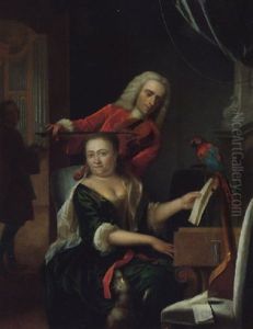 A Domestic Interior Scene With A Violinist Accompanied By A Woman At The Virginals, A Parrot Perched Beside Them by Philip van Dyk