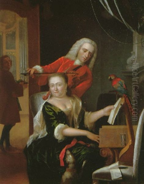 Portrait Of A Lady Seated At The Virginals Wearing A Green Satin Dress With A Gentleman Playing The Violin, A Parrot On A Perch, A Servant Standing In A Door With An Organ Beyond - view 1