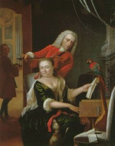 Portrait Of A Lady Seated At The Virginals Wearing A Green Satin Dress With A Gentleman Playing The Violin, A Parrot On A Perch, A Servant Standing In A Door With An Organ Beyond by Philip van Dyk