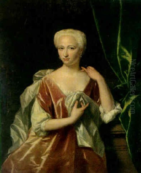 Portrait Of A Lady, Three Quarter Length, Resting Her Arm On A Stone Pedestal - view 1