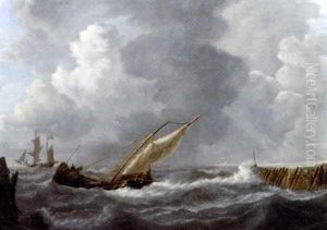 Sailing Vessels By A Harbour Entrance by Pieter Arnout Dyxhoorn