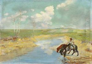 Vorfruhling Uber Furt Mit Reiter by Sixtus Z. von Dzbanski