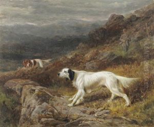 Gundogs And Sportsmen Shooting Upon A Moor, Mountains In The Distance by George Earl