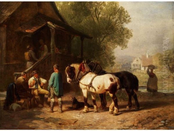 Pferdefuhrer Mit Zwei Kaltblutern Imgesprach Mit Bauern Vor Einem Haus Mit Treppenbalkon - view 1