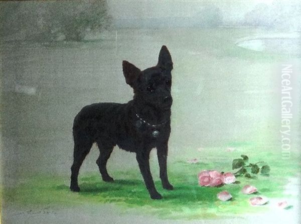 Study Of A Miniature Pinscher Cross Terrier Dog In A Garden Landscape - view 1
