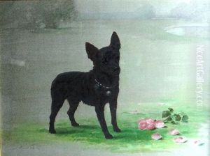 Study Of A Miniature Pinscher Cross Terrier Dog In A Garden Landscape by Maud Earl