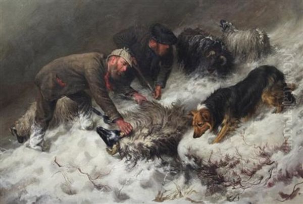 Shepherds And Dog Rescuing Sheep From The Snow - view 1